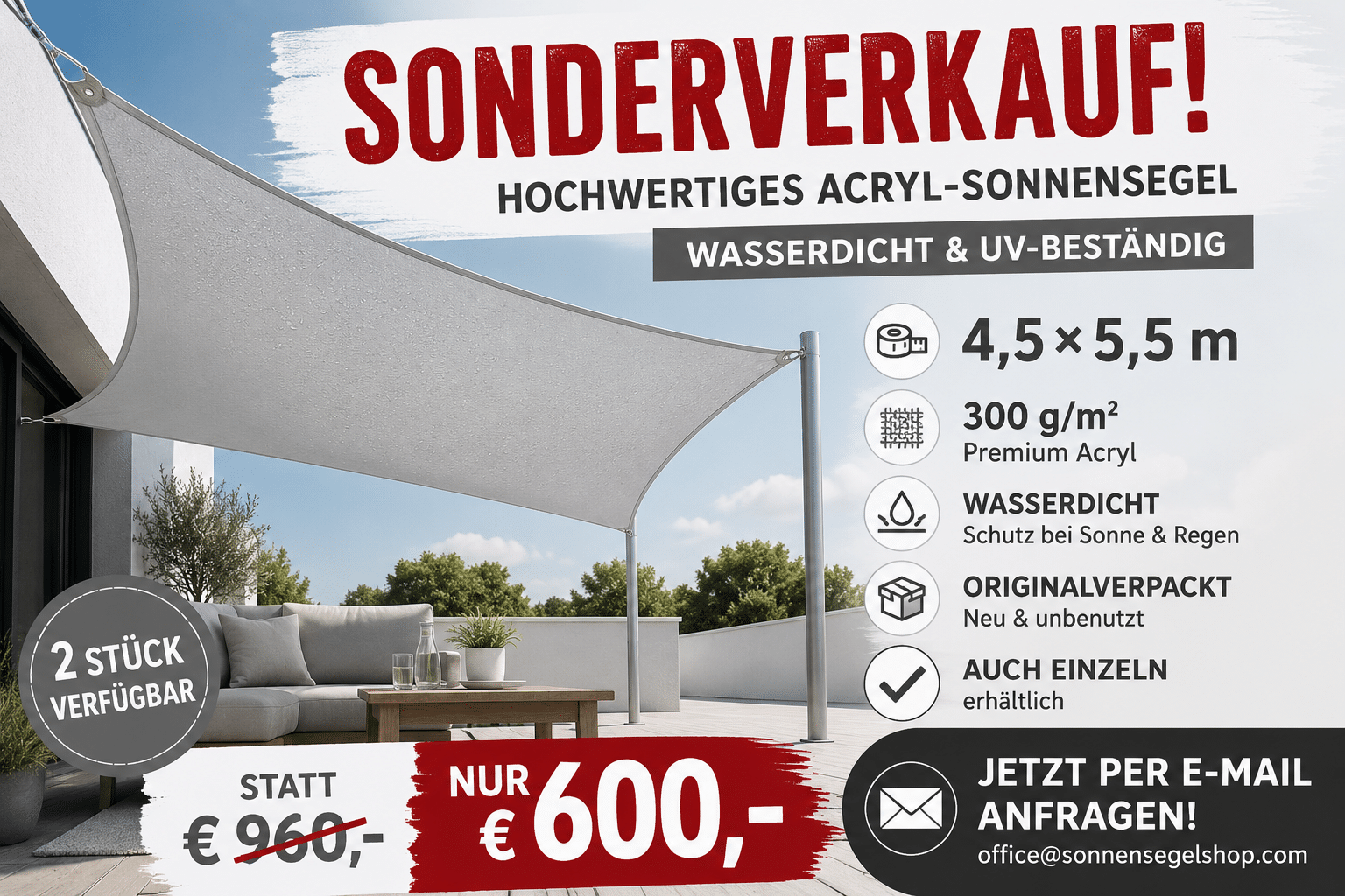Sonderverkauf wasserdichtes Acryl Sonnensegel 4,5 x 5,5 m in Hellgrau