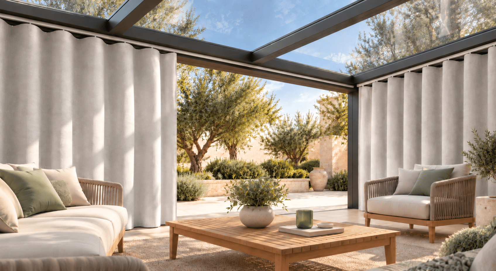 Outdoorvorhänge mit Schienensystem für Terrasse und Pergola